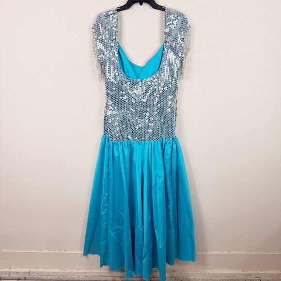 Alyce Designs 80s Vintage Evening Gown Sequin Beaded Dress Blue Silver - Picture 6 of 9